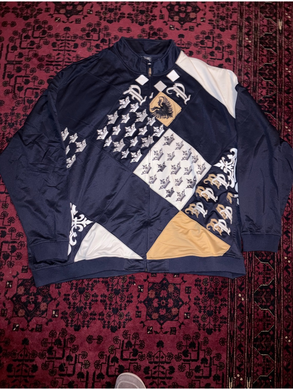 Pelle Pelle Navy, Gold, and White Patchwork tracksuit jacket only new with tags